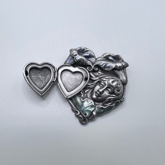 Jewelry - Vintage Art Nouveau Revival Sterling Silver Woman Profile Heart Locket Brooch